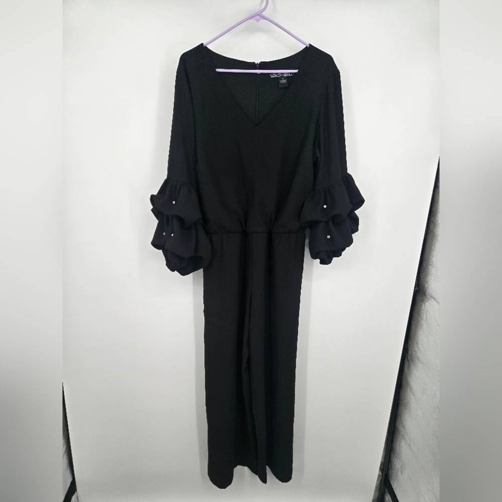 Badgley Mischka Black Long-Sleeve Ruffle Jumpsuit With Beaded Sleeves XL (6614)